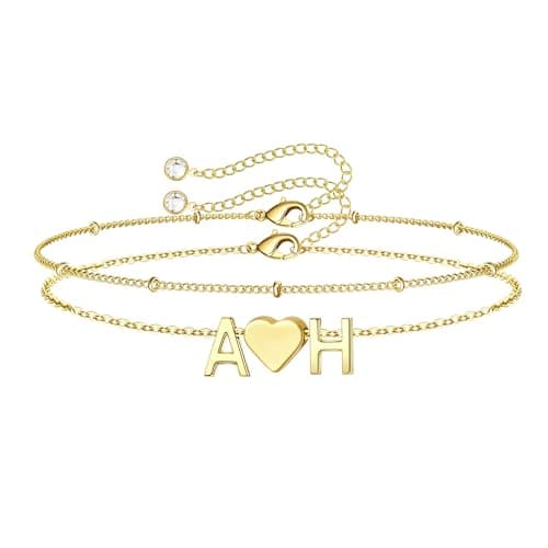 Turandoss Gifts For Teenage Girls – Girls Gifts For 6 7 8 9 10 11 12 13 14 15 16 Year OldsBirthday Ideas, 2 Initial AH Bracelets With Heart, Dainty 14K-Gold-Plated Layered Jewelry - Image 1
