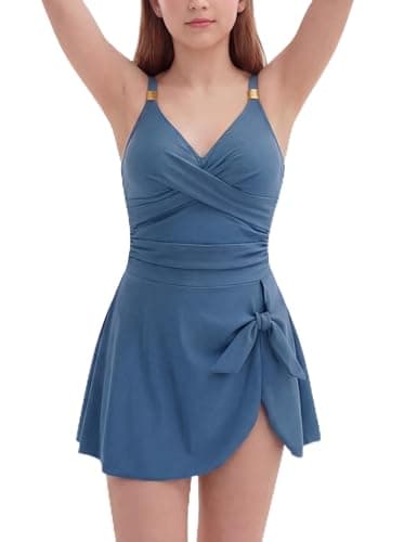 Meteorito Teen Swimsuits for Girls One Piece Blue Bathing Suit Tummy Control Swim Dress with Bottom 13 14 Years - Image 1