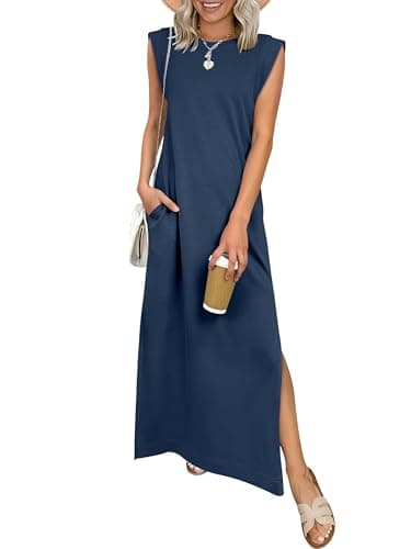 ANRABESS Women Summer Casual Sleeveless Maxi Dress 2026 Crewneck Loose Split Wrinkle-Free Beach Travel Vacation Long Sundress Navy Blue XX-Large - Image 1