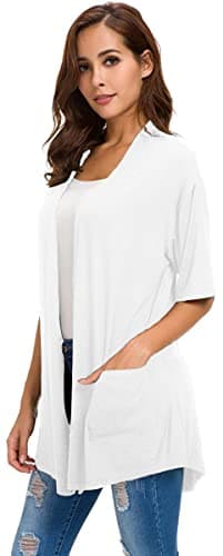 ADANIKI Women 2026 Summer Lightweight Cardigan, Short Sleeve Open Front Casual Trendy Womens Kimono Cover Up with Pocket (White, S) - Thumbnail 5