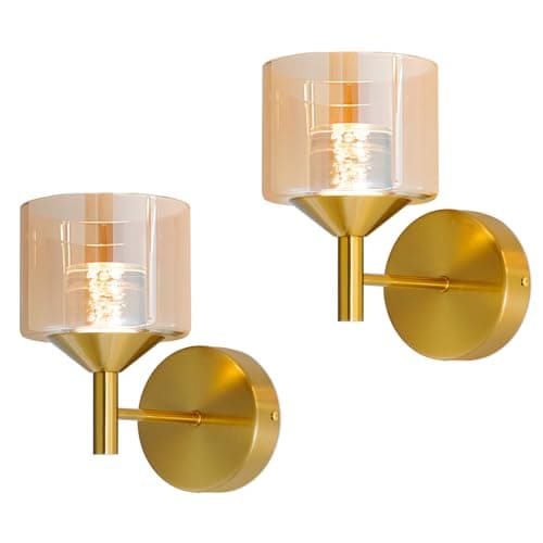 TYhogar Wall Sconces Set of Two,Gold Wall Lights with Amber Glass,Acrylic Bubble Wick Sconces Wall Decor Set of 2,Hardwired 3 Color Temperature Wall Sconce for Bathroom,Bedroom,Living Room - Image 1