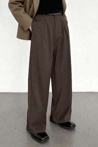 Heyfanee Wide Leg Dress Pants Men Loose Fit Pleated Slacks Baggy Stretchable Brown 28 - Thumbnail 5