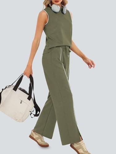 Casly Lamiit 2 Piece Lounge Set Women Summer Travel Outfits Sleeveless Tank Top Front Slit Pants Airport Vacation Clothing Sets Army Green 2XL - Thumbnail 3