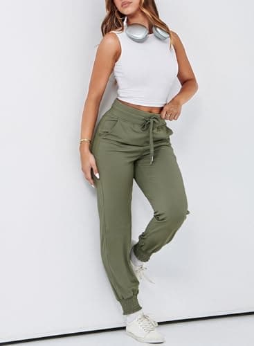 Dokotoo Joggers for Women High Waisted Drawstring Pant Womens Workout Pants with Side Pocket Casual Flowy Cuffed Plain Jogging Resort Wear for Women Lounge Sweatpants Green XX-Large - Thumbnail 6