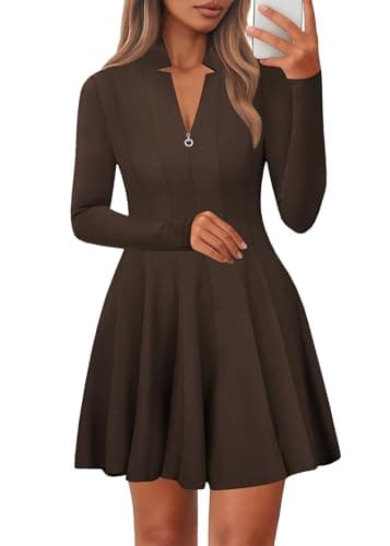 Lazysmile Fall Dresses for Women 2025 Long Sleeve V Neck Half Zip A Line Swing Casual Party Club Mini Short Dress Brown - Image 1