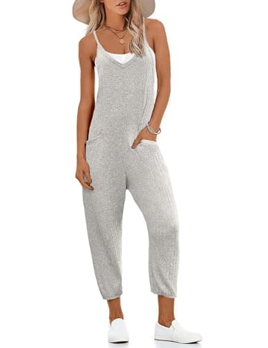 Ekouaer Jumpsuits for Women Sleeveless Spaghetti Strap Ribbed Overall Jumpsuit V Neck Summer Romper with Pockets 2026 Light Gray XL - Image 1