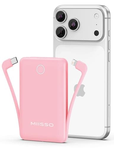miisso 10000mAh Mini Portable Charger with Built in Cable, Pocket Size Power Bank Travel External Battery Pack for Phone, 3 Output USB Type C Cord Clutch Compatible with iPhone, Samsung, Pink - Image 1