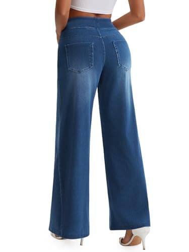 JEAVIA Women's Wide Leg Jeans High Waisted Pull On Baggy Jeans Stretchy Elastic Waist Sweatpant Trendy Loose Denim Pants Blue - Thumbnail 2