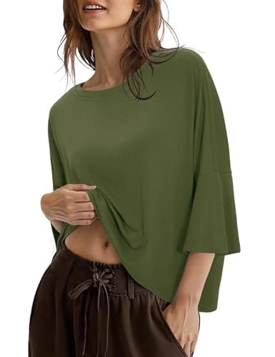 Totatuit Women Boxy Cropped Tees Cute Loose Fitting Short Summer Tshirts Elbow Sleeve Plain Cotton Basic Tops Oversized Workout Yoga Gym Shirts Army Green Small - Image 1