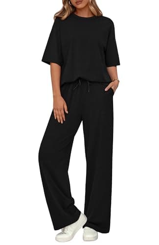 BTFBM Summer Outfits For Women 2026 Two Piece Sets Casual Short Sleeve Spring Tops Wide Leg Pants Matching Lounge Set(Black, XX-Large) - Image 1