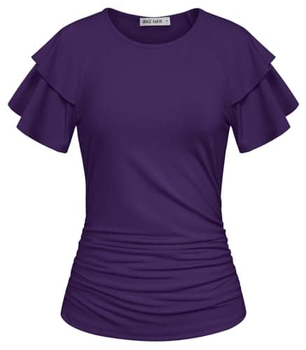 GRACE KARIN Summer Tops for Women Dressy Casual, Ruffle Short Sleeve Work Shirt, 2026 Spring Blouses Dark Purple Medium - Image 1