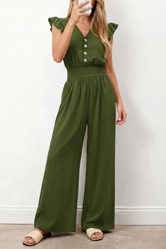 dowerme Women's Jumpsuits Dressy Casual 2026 Summer Ruffle Cap Sleeve V Neck Button Smocked Rompers Wide Leg Overalls(Army Green,Small) - Thumbnail 2