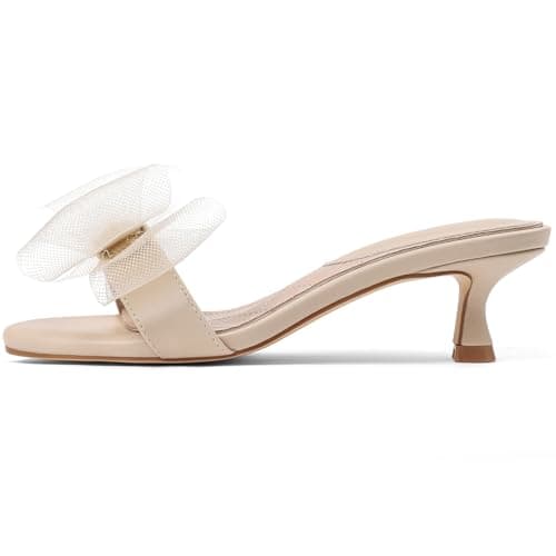 Tarkwa Kitten Heels for Women Open Round Toe Low Heels Sexy Vintage Mules with Bow Slip On Backless Heeled Sandals, Fashion Dress Shoes for Daily, Weeding, Party, Casual Beige 6 - Image 1