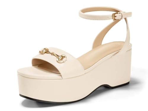 Junayuan Womens Platform Sandals Chunky Wedges Heels Open Toe Ankle Strap Summer Dress Shoes with Metal Buckle, Apricot, Size 7 - Image 1