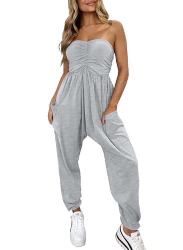 MIHOLL Strapless Jumpsuits for Women Off Shoulder Rompers Summer Casual Loose Harem Overalls One Piece Jumpsuit with Pockets Gray S - Image 1