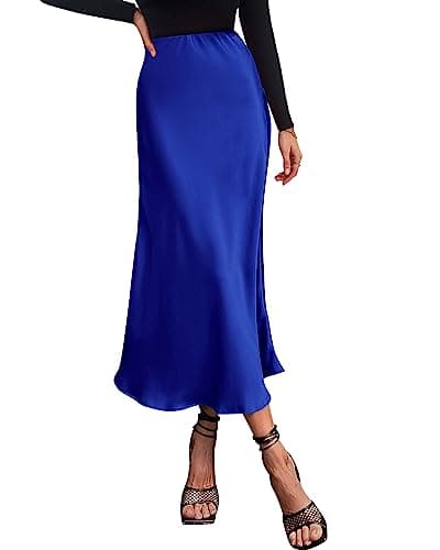 BTFBM 2026 Womens Spring Summer Long Satin Skirt Silk Elegant High Waist Cocktail Party Wedding Flowy A-Line Midi Skirts(Royal Blue, Medium) - Image 1