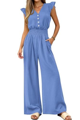 dowerme Women's Jumpsuits Dressy Casual 2026 Summer Ruffle Cap Sleeve V Neck Button Smocked Rompers Wide Leg Overalls(Light Blue,X-Large) - Image 1