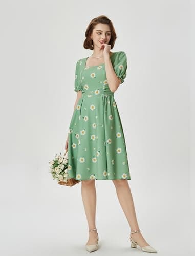 Belle Poque Green Daisy Vintage Elegant Milkmaid Wedding Guest Dress 2026 Summer Square Neck Puff Sleeve Sun Dress XXL - Thumbnail 4