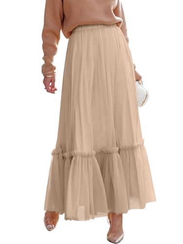ANRABESS Maxi Skirts for Women Tulle Long Tiered Elastic High Waisted A Line Flowy Dressy Casual Skirt 2026 Fall Trendy Light Tan Medium - Image 1
