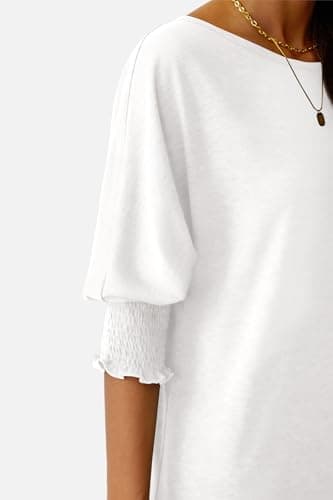 NORACORA Women's 3/4 Sleeve Tops Loose Fit Shirts Dressy Casual Crew Neck T Shirts for Women Basic Tees Shirt with Smocked Cuffs 2025 Fall Fashion Blouse White S - Thumbnail 6