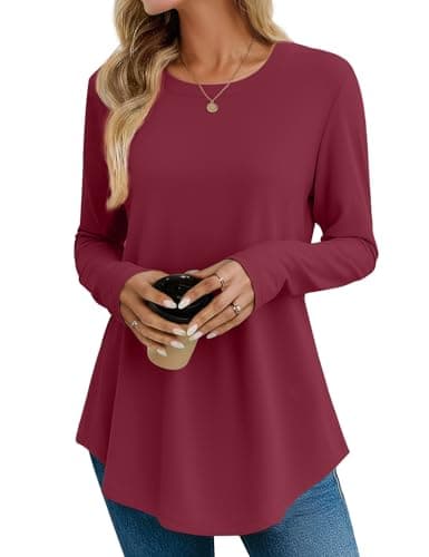 JUSTFASHIONNOW Womens Tops Long Sleeve Shirts Crew Neck Tunics or Tops To Wear with Leggings Casual Christmas T Shirts Fall Trendy Blouse (Wine Red, Large) - Thumbnail 2