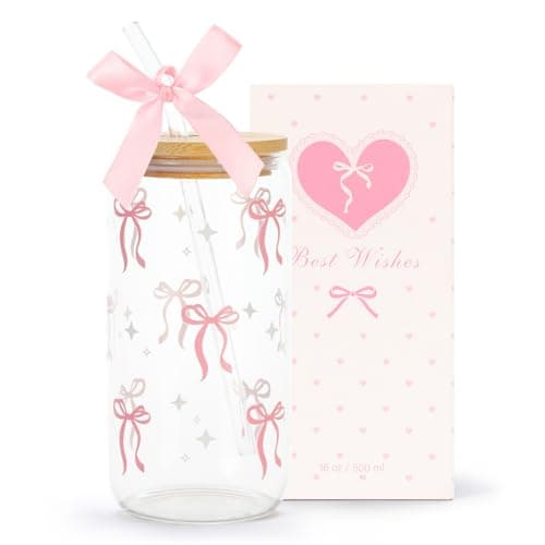 LANGASQUE Coquette Pink Bow Glass Cup with Lids and Straws, 16 oz Cute Glass Cup, Aesthetic Iced Coffee Tumbler with Gift Box Cleaning Brush for Teen Girls Gifts Trendy Stuff Women Girlfriends Gifts - Image 1