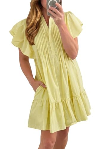 BLENCOT Women Summer Dresses Ruffle Sleeve Button Down V Neck Pleated Casual Vacation Spring Mini Flowy Holiday Dress with Pockets Vacation Clothes Outfit Small Yellow - Image 1