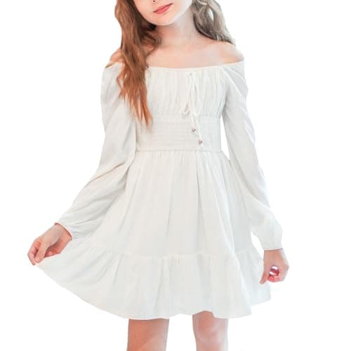 Simplee kids Girls Dresses Fall Long Sleeve Dress for Girl Tween Off Shoulder Smocked Dresses Size 6-7 Years White - Image 1
