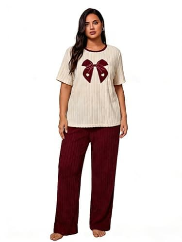Emilaura Womens Plus Size Pajama Set 2 Piece Short Sleeve with Long Pant Sleepwear Soft & Cozy Bow Loungewear (XL to 5X) Wine Red - Image 1
