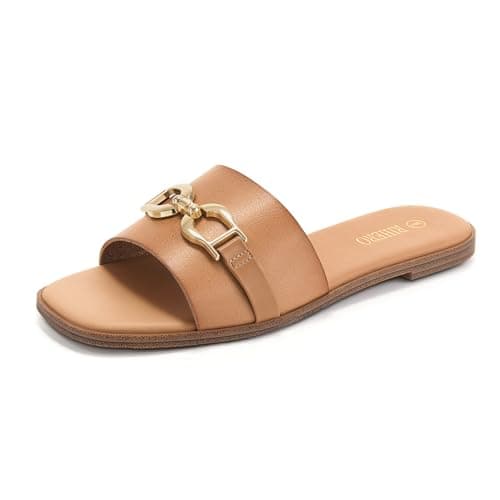 Rihero Slide Sandals Women Comfortable Flat Slides Dressy Summer Square Peep Toe Leather Wide Width Sandals Camel Size 5.5 - Image 1