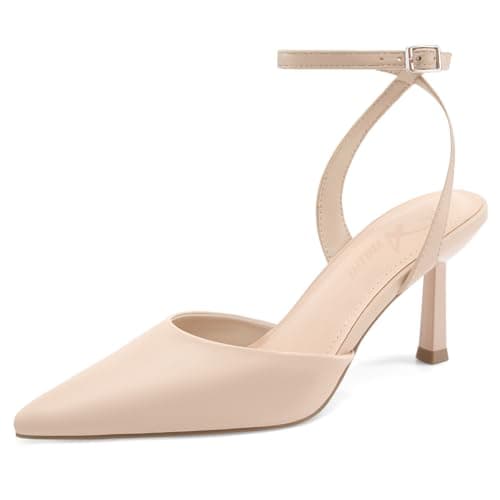 Athlefit Women's Closed Pointed Toe 3 Inch High Heels Ankle Strap Stiletto Heel Wedding Party Dress Pumps Shoes, Nude Size 9,SAPU2602W - Image 1