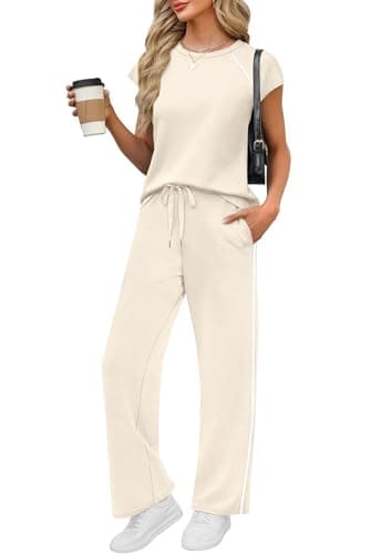 PRETTYGARDEN Women's 2 Piece Lounge Sets 2026 Summer Cap Sleeve Tops Wide Leg Pants Travel Outfits Matching Fashion Clothing (Beige,X-Large) - Image 1