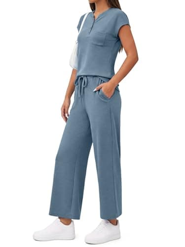 Casly Lamiit Womens Sets 2 Piece Outfits Matching Lounge Vacation Travel Set Spring Casual Cap Sleeve Tops Leisure Drawstring Crop Pants Blue Grey M - Thumbnail 3