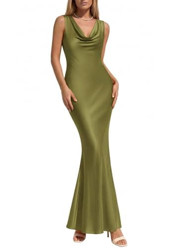 KIRUNDO Womens Summer Cowl Neck Sleeveless Satin Maxi Dress Elegant Bodycon Cocktail Wedding Guest Party Long Dresses(Army Green, Large) - Image 1