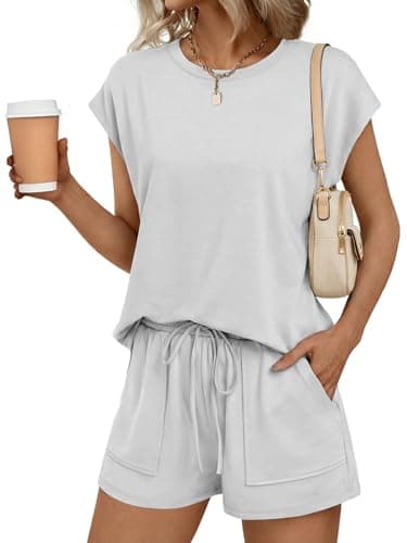 Lallabai 2 Piece Sets for Women Summer Outfits Lounge Sets Crew Neck Short Sets Cap Sleeve Drawstring Sweatsuit with Pocket - Image 1