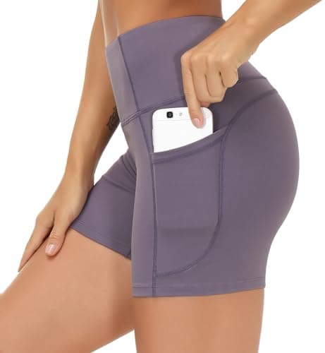 THE GYM PEOPLE High Waist Yoga Shorts for Women's Tummy Control Fitness Athletic Workout Running Shorts with Deep Pockets Grey Purple - Image 1