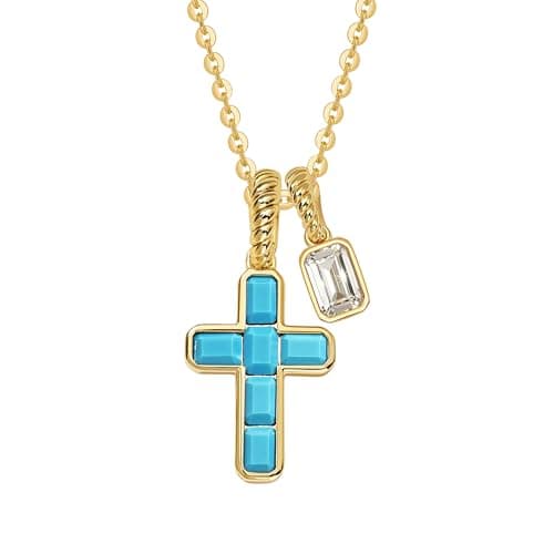 Fettero Cross Cross Necklace for Women - 14K Gold Plated Dainty Turquoise Cross Pendant Cute Simple Necklaces Non-Tarnish Faith Gold Necklace for Women Trendy Religious Jewelry Gift - Image 1