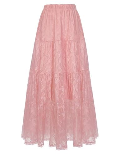 Kate Kasin Women's Lace Maxi Skirt, High Waist Flowy Long Skirts, Summer Beach Vacation Outfits Light Pink - Image 1
