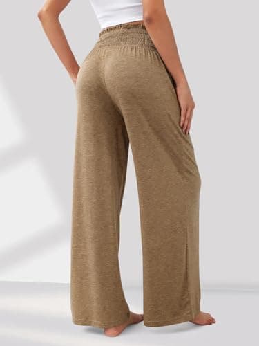 GEMLON Womens Wide Leg Pants High Waisted Palazzo Pants Summer Flowy Lounge Trousers Pants with Pockets Dark Khaki 2XL - Thumbnail 2