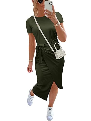 NOLLSOM Women Casual Sleeveless Striped Tank Midi Dresses Halter Neck Ruched Bodycon Dresses Tie Waist T Shirt Summer Dress(Tie Army Green,X-Large) - Image 1