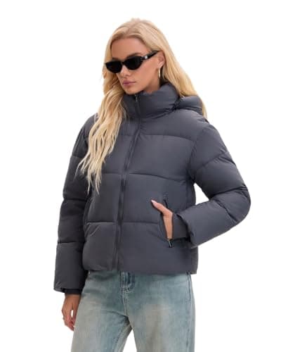 PUFFIT Women's Cropped Puffer Jackets,Warm Winter Jacket with Removable Hood,Zipped Pockets,Short Ladies Quilted Coat - Thumbnail 3