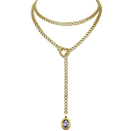 EverGlimp Heart Slip Chain Necklace for Women, 39 Inch Cuban Chain, Removable Heart O-Ring, Crystal Pendant, Adjustable Stainless Steel Y-Necklace (Gold-Purple) - Image 1