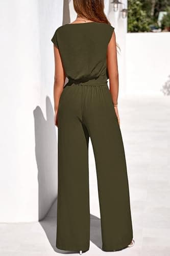 PRETTYGARDEN Women 2 Piece Lounge Sets 2026 Casual Summer Outfits Cap Sleeve Strappy Crop Tops Wide Leg Pant Tracksuit(Army Green,XX-Large) - Thumbnail 5