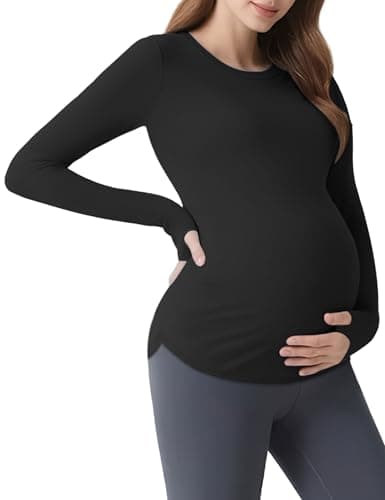 Mama Land Long Sleeve Maternity Shirts - Casual Workout Yoga Tops Blouse Petite Fall Winter Comfortable Pregnancy Clothes for Women (Black S) - Image 1