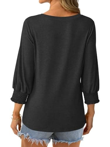 GKBK Womens 3/4 Sleeve Shirts Square Neck Dressy Casual Blouses Spring Summer Smocked Cuffs Tops A- Black - Thumbnail 4