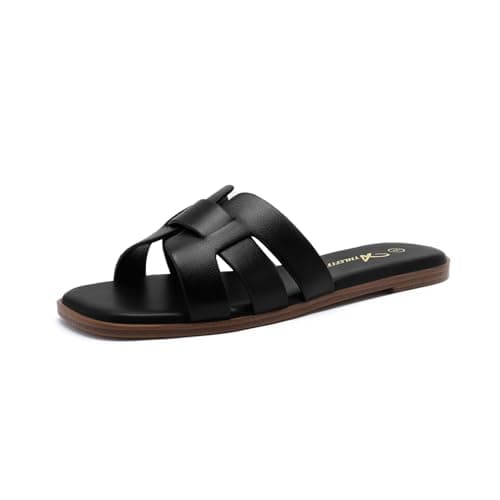 Athlefit Women's Black Flat Sandals Fashion Square Open Toe Dressy Summer Slip On Leather Slide Sandals Size 6 - Image 1