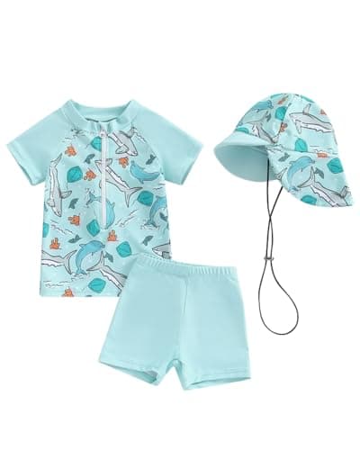 JiAmy Toddler Baby Boys Rash Guard Set with Swim Trunks for Kids 3PCS Short Sleeve Rashguard Swim Set Sunsuits Bathing Suits Light Blue 18-24 Months - Image 1