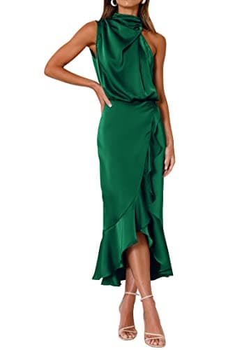 KIRUNDO Women 2026 Spring Summer Satin Mock Neck Wedding Guest Party Cocktail Midi Dress Sleeveless Wrap Ruffle Formal Dress(Deep Green, Large) - Image 1