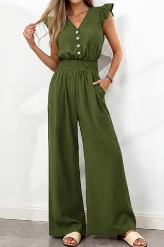 dowerme Women's Jumpsuits Dressy Casual 2026 Summer Ruffle Cap Sleeve V Neck Button Smocked Rompers Wide Leg Overalls(Army Green,Small) - Thumbnail 3