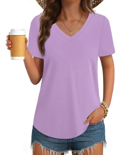 GKBK Women Cotton Shirts V Neck Loose Fit T Shirts Short Sleeve Summer Curved Hem Plain Tee Top Purple M - Image 1